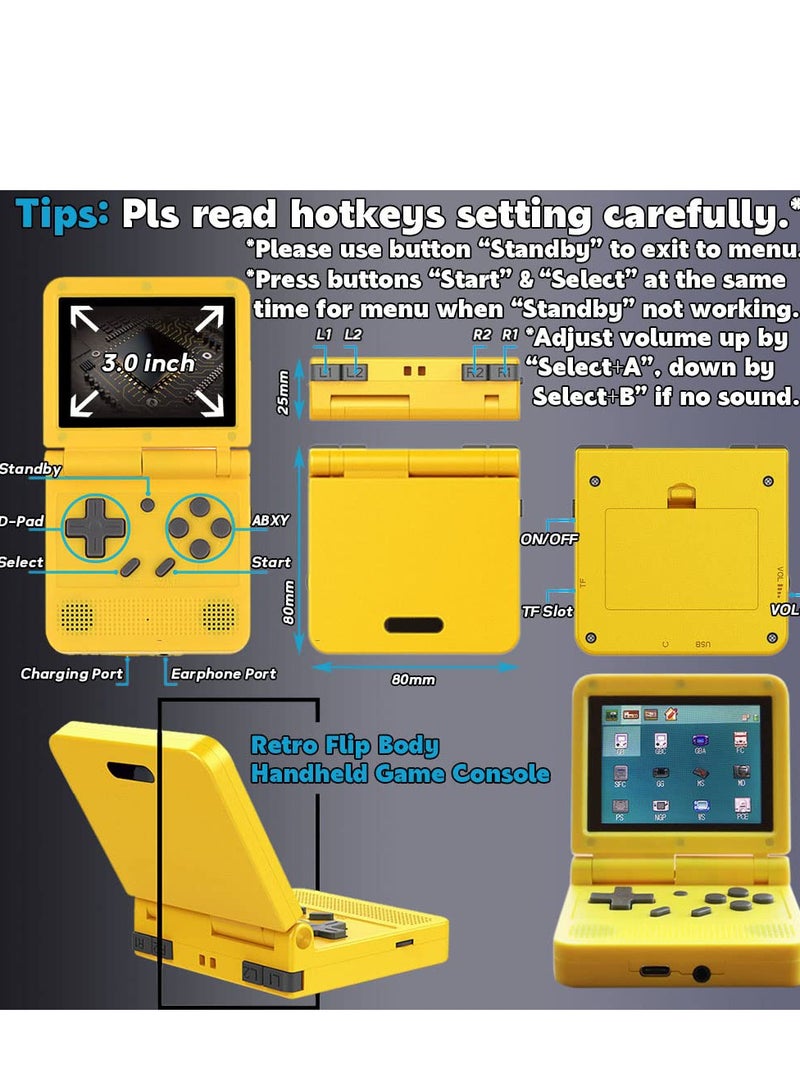 Portable Mini Retro Game Console with 3-Inch IPS Screen, Open System, 64GB TF Card, Built-in Games, Rechargeable Battery - Flip Handheld Game Console in Yellow