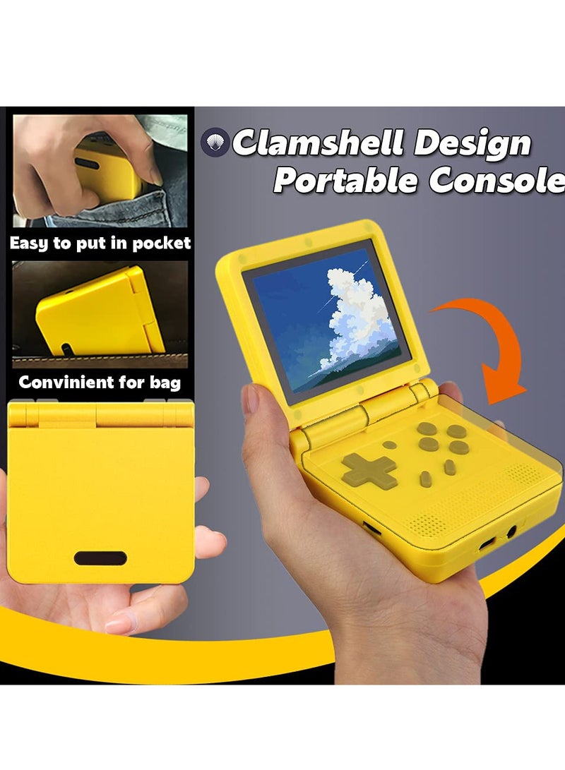 Portable Mini Retro Game Console with 3-Inch IPS Screen, Open System, 64GB TF Card, Built-in Games, Rechargeable Battery - Flip Handheld Game Console in Yellow