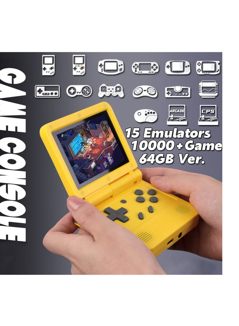 Portable Mini Retro Game Console with 3-Inch IPS Screen, Open System, 64GB TF Card, Built-in Games, Rechargeable Battery - Flip Handheld Game Console in Yellow