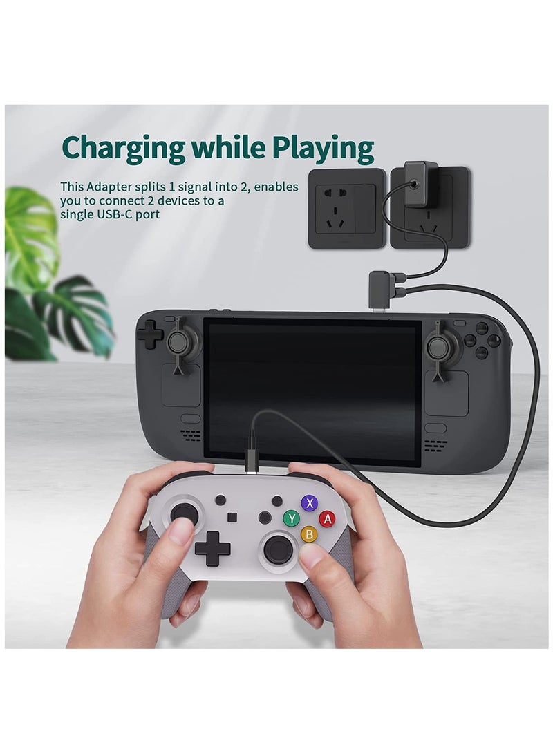 Steam Deck Joystick Guard Set: 6 Protective Holders, 1 Kickstand, and 1 90-Degree USB-C Male to Dual USB-C Adapter for Switch Lite and Phones.