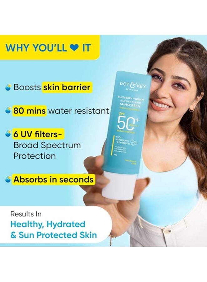 Blueberry Hydrate Barrier Repair Sunscreen Spf 50+,Pa++++|For Dry&Sensitive Skin|Non - Greasy Finish|No White Cast|Uv&Blue Light Protection|Broad Spectrum|For Women&Men|50G, 1 Count