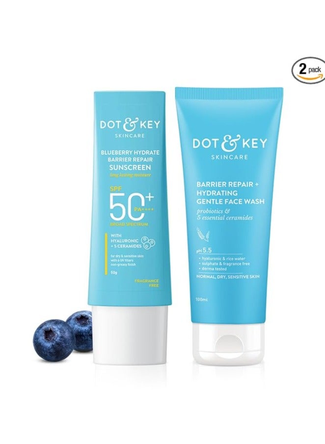 Barrier Repair + Hydrating Gentle Face Wash 100ml & Blueberry Hydrate Barrier Repair Sunscreen SPF 50+ PA++++ 50g | Skin Care Combo | For Dry & Sensitive Skin | For Women & Men