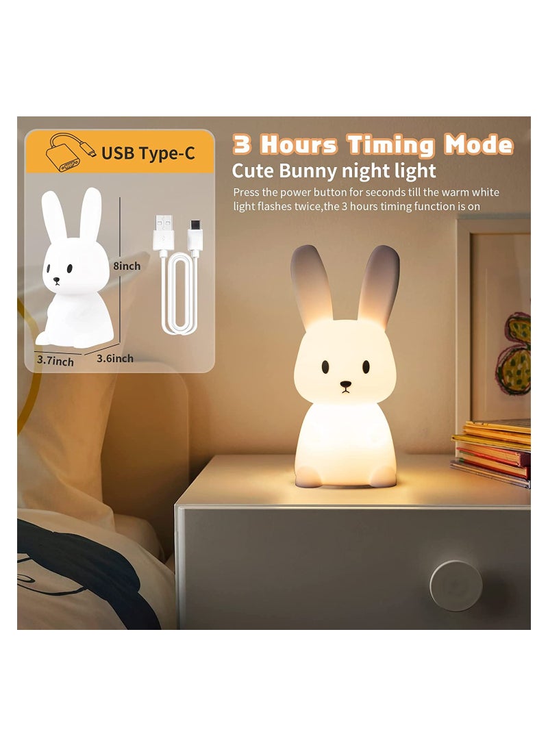 Night Light for Kids, Cute Bunny Night Light Gifts for Kids Room Nursery Baby Bedroom Toddler Teen Girls Kawaii Room Decor, Rechargeable Silicone Bunny Cute Lamp with 3 Hours Time & 7 Colors