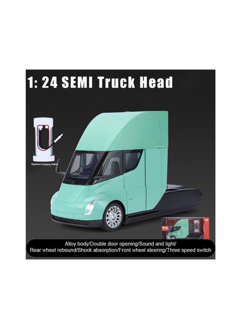 1:24 Green Semi Truck Head Model With Alloy Body, Sound And Light Functions, Suitable For Adults And Children'S Gift Decoration Collectibles.