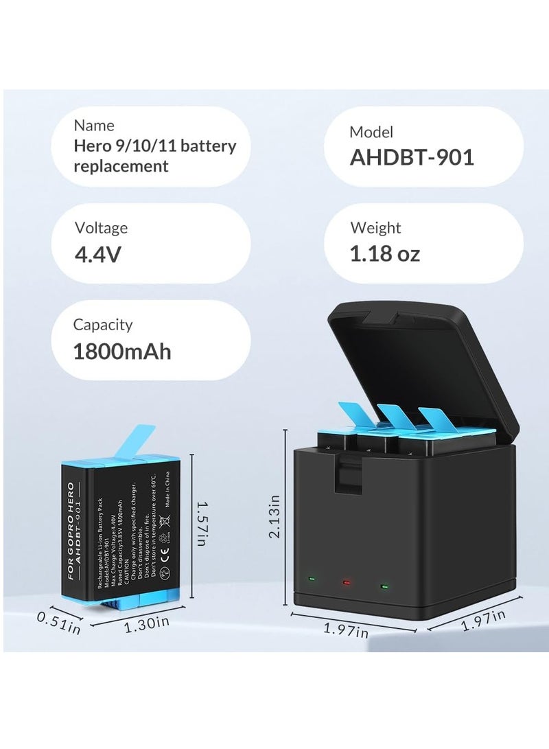 3-Pack 1800mAh Batteries for GoPro Hero 9, 10, 11, 12 with USB Fast Charger and Protective Case - Fully Compatible with Hero 9, 10, 11, 12 Black Models.