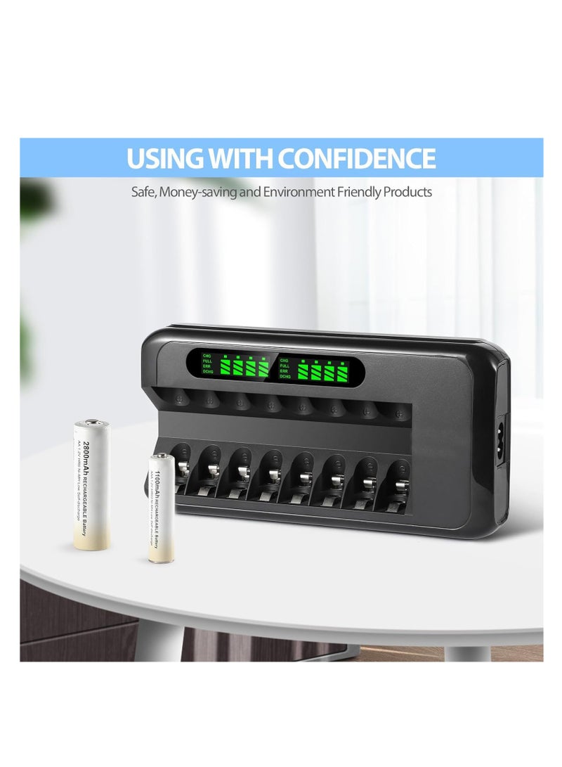 Quick Battery Charger with AC Adapter and Intelligent LCD Display, 8 Independent Charging Slots for Ni-Mh and Ni-Cd Rechargeable AA AAA Batteries, Featuring Safety Protection.