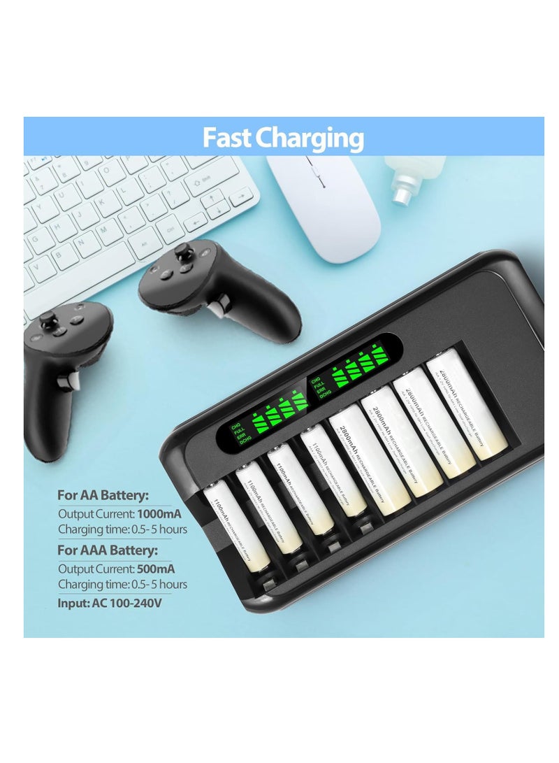 Quick Battery Charger with AC Adapter and Intelligent LCD Display, 8 Independent Charging Slots for Ni-Mh and Ni-Cd Rechargeable AA AAA Batteries, Featuring Safety Protection.