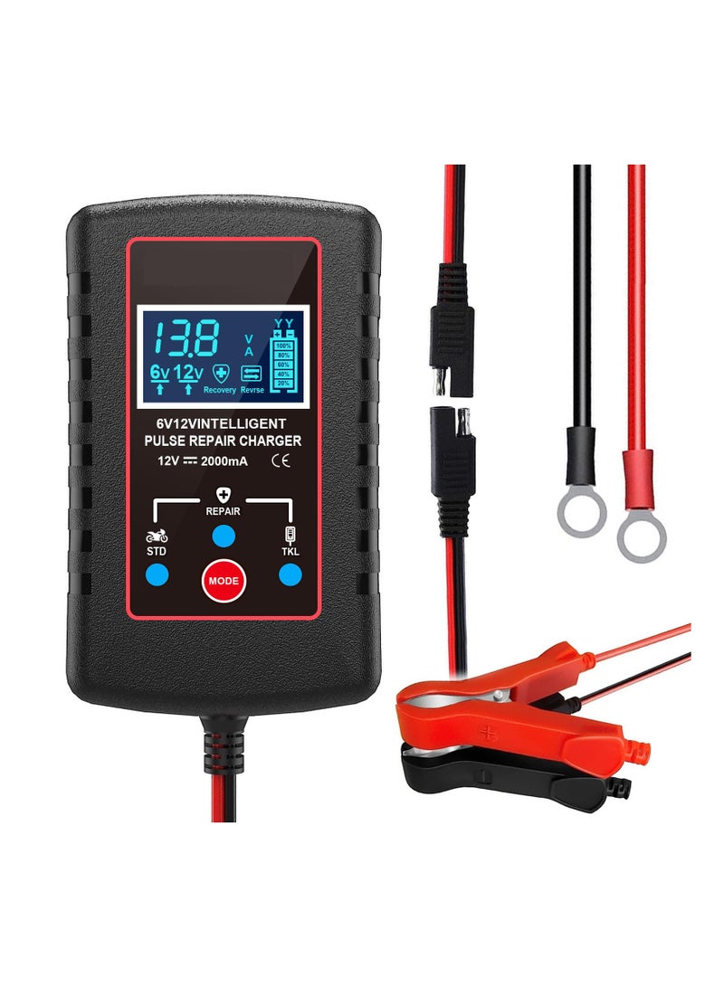 Upgraded 2A Smart Fully Automatic 6V/12V Trickle Charger & Maintainer, Battery Desulfator for Car, Motorcycle, Lawn Mower, Boat, and Marine Lead Acid Batteries.