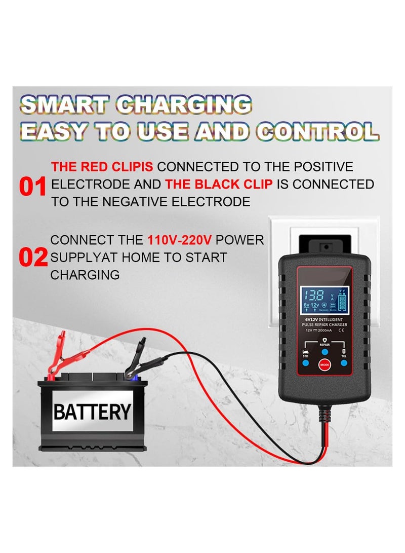 Upgraded 2A Smart Fully Automatic 6V/12V Trickle Charger & Maintainer, Battery Desulfator for Car, Motorcycle, Lawn Mower, Boat, and Marine Lead Acid Batteries.