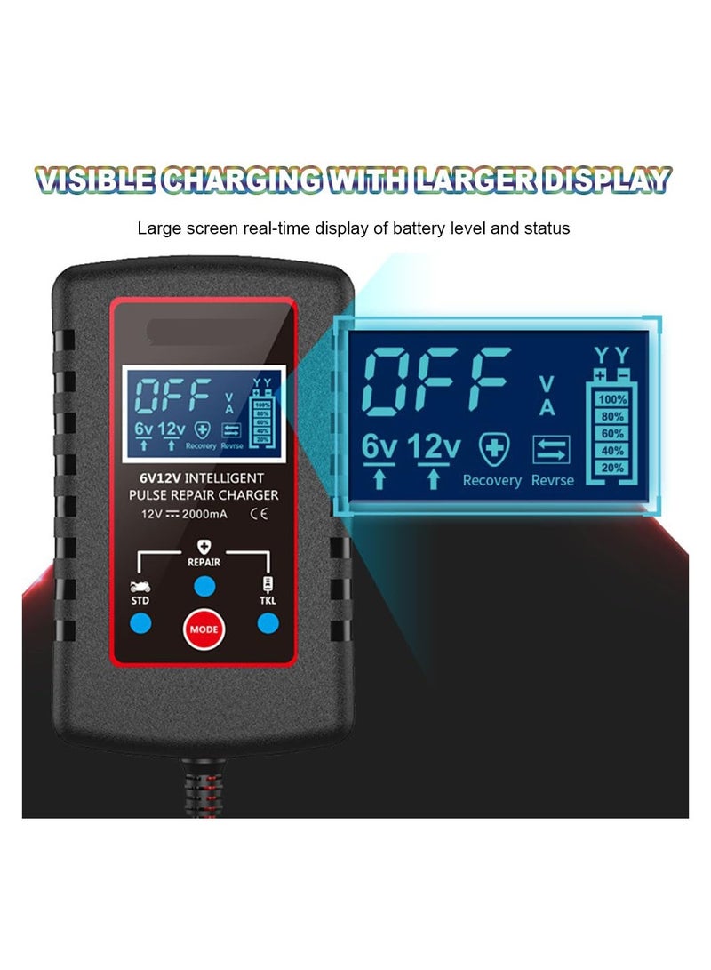 Upgraded 2A Smart Fully Automatic 6V/12V Trickle Charger & Maintainer, Battery Desulfator for Car, Motorcycle, Lawn Mower, Boat, and Marine Lead Acid Batteries.