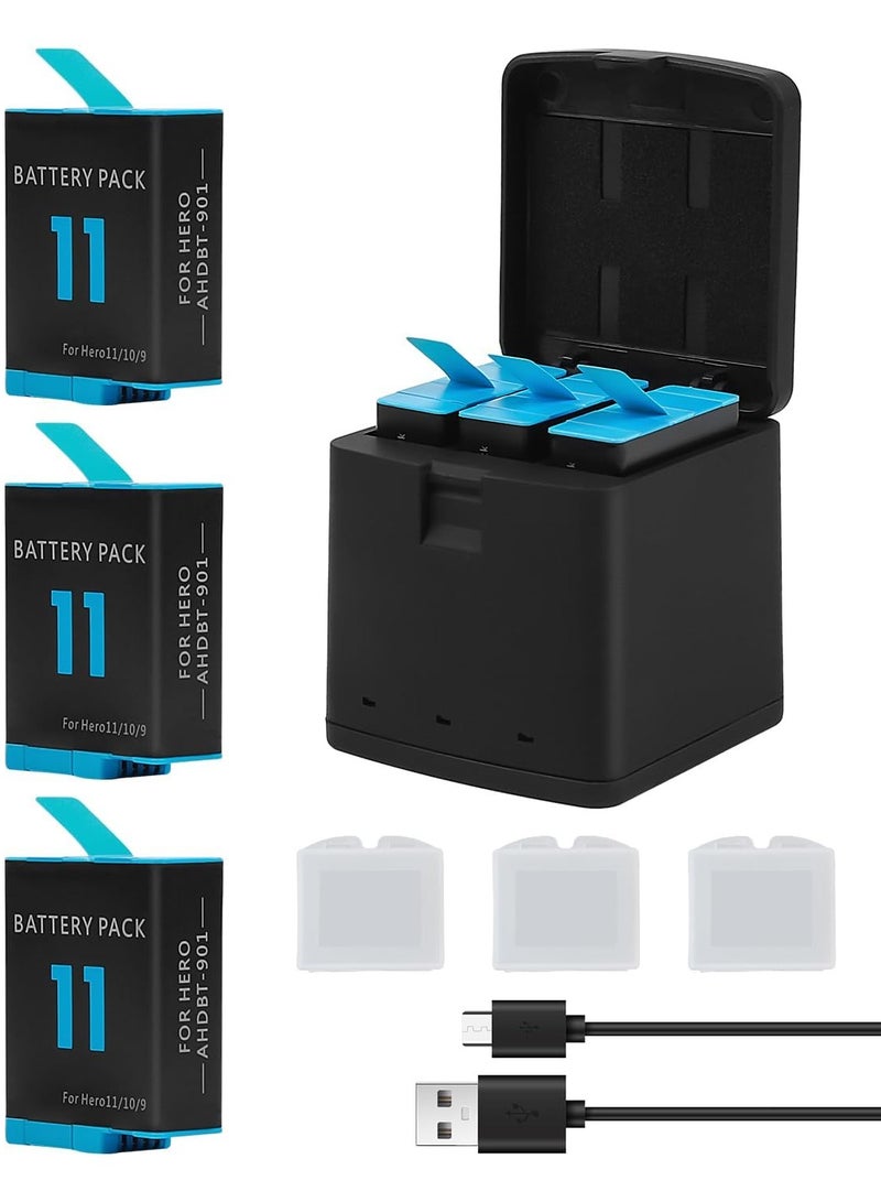 3-Pack 1800mAh Batteries for GoPro Hero 9, 10, 11, 12 with USB Fast Charger and Protective Case - Fully Compatible with Hero 9, 10, 11, 12 Black Models.