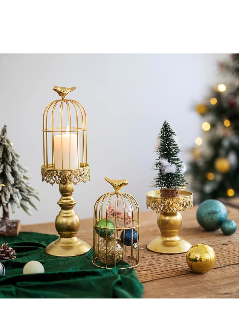 Candle Holders for Pillar Candles, Decorative Metallic Bird Cage Ornament Gold Vintage Candlestick Holders Set of 2 for Tables Bedroom Cafe Table Home Decor Wedding