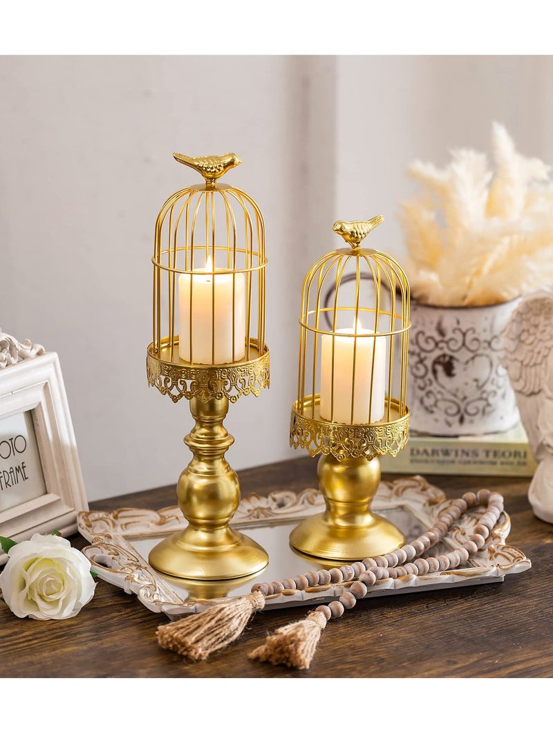 Candle Holders for Pillar Candles, Decorative Metallic Bird Cage Ornament Gold Vintage Candlestick Holders Set of 2 for Tables Bedroom Cafe Table Home Decor Wedding