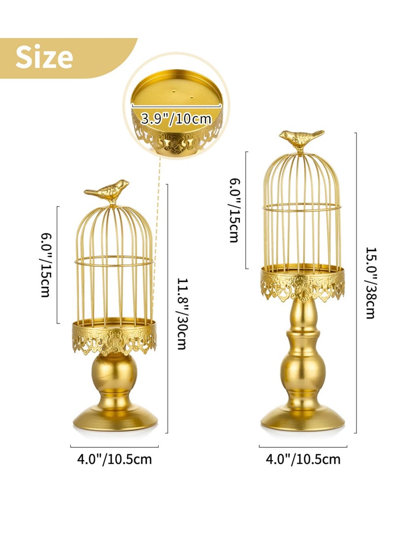 Candle Holders for Pillar Candles, Decorative Metallic Bird Cage Ornament Gold Vintage Candlestick Holders Set of 2 for Tables Bedroom Cafe Table Home Decor Wedding