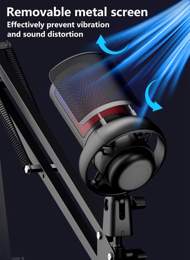 RGB Lighting Gaming Microphone, USB Condenser Podcast Microphone, Click-to-Mute Sensor, Pop Filter, USB PC, Mac/PS4/PS5 Computer Desktop, for Gaming, Streaming, Recording, with Adjustable Stand