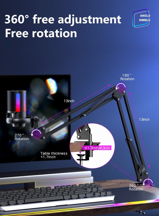 RGB Lighting Gaming Microphone, USB Condenser Podcast Microphone, Click-to-Mute Sensor, Pop Filter, USB PC, Mac/PS4/PS5 Computer Desktop, for Gaming, Streaming, Recording, with Adjustable Stand