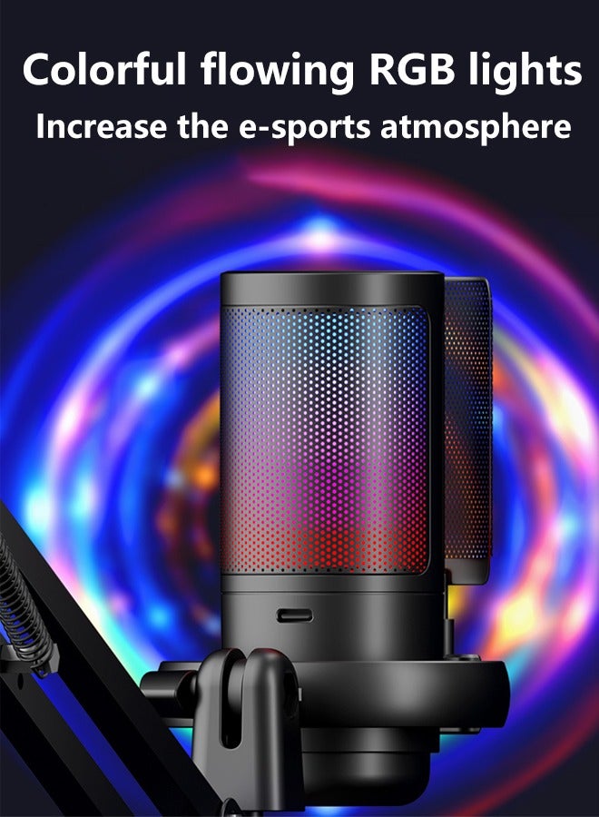 RGB Lighting Gaming Microphone, USB Condenser Podcast Microphone, Click-to-Mute Sensor, Pop Filter, USB PC, Mac/PS4/PS5 Computer Desktop, for Gaming, Streaming, Recording, with Adjustable Stand