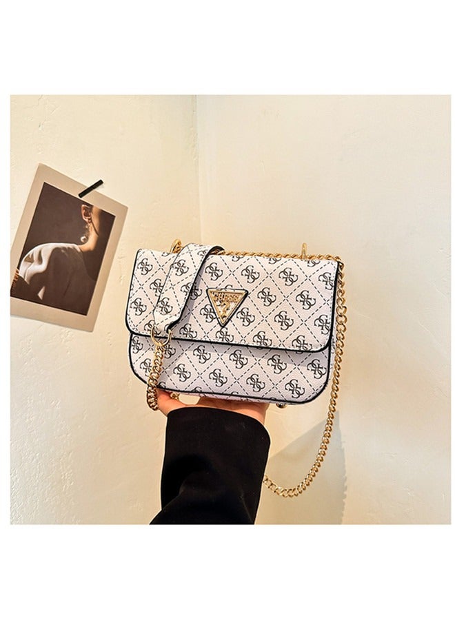 shoulder bag, fashionable and versatile, printed retro small square bag, simple chain crossbody bag white