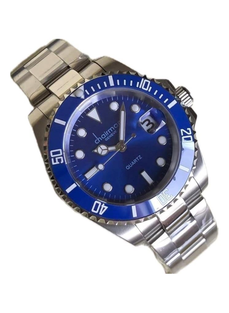 Men's Stainless Steel Wrist Watch, 40mm, Water Resistant, Blue Bezel and Blue Dial with Date