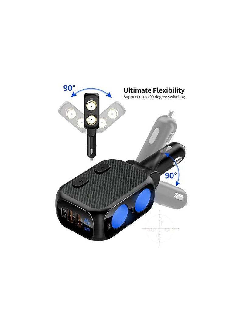 180W Car Charger Splitter with 20W PD Dual Socket Cigarette Lighter Adapter, Fast USB-C Charger with Type C 20W PD and QC3.0 for Dash Cam and Other Devices.