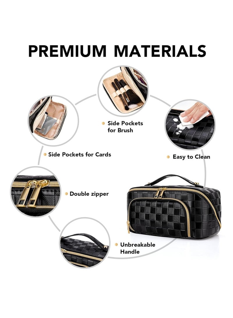 Travel Makeup Bag, Large Capacity Cosmetic Bags, PU Leather Waterproof Checkered Cosmetic Bags, Portable Pouch Open Flat Toiletry Bag, Make up Organizer with Divider and Handle, Black