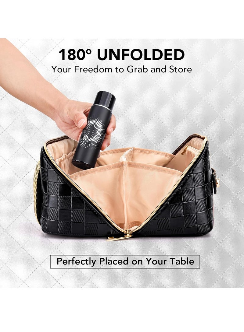 Travel Makeup Bag, Large Capacity Cosmetic Bags, PU Leather Waterproof Checkered Cosmetic Bags, Portable Pouch Open Flat Toiletry Bag, Make up Organizer with Divider and Handle, Black