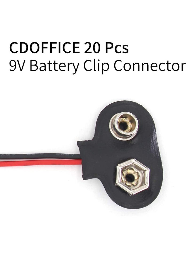 9V Battery Connector, T-Type 9 Volt Buckle  Hard, Leather Long Cable Housing Connection in Student Experiment, or Other Equipment with 9V, Shell Black Red (20 Pack)