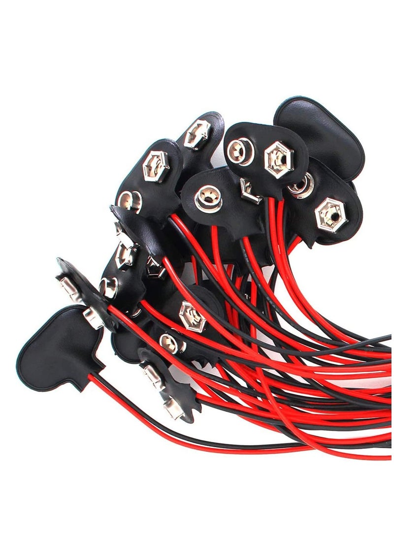 9V Battery Connector, T-Type 9 Volt Buckle  Hard, Leather Long Cable Housing Connection in Student Experiment, or Other Equipment with 9V, Shell Black Red (20 Pack)