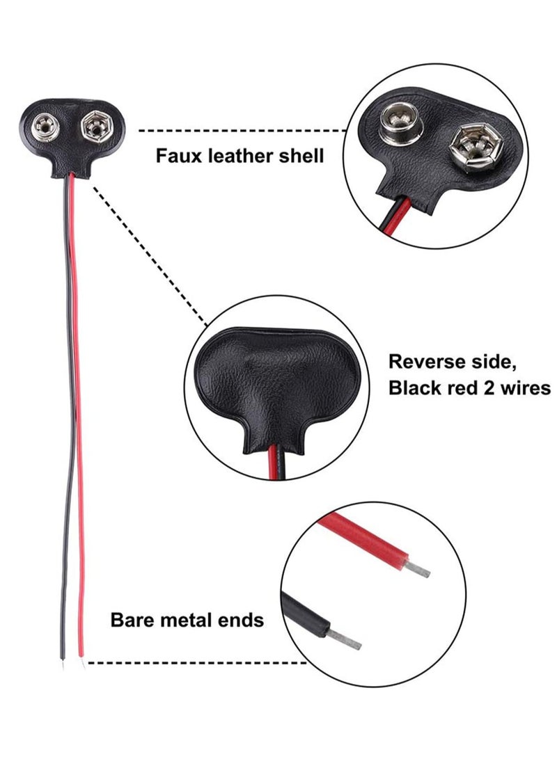 9V Battery Connector, T-Type 9 Volt Buckle  Hard, Leather Long Cable Housing Connection in Student Experiment, or Other Equipment with 9V, Shell Black Red (20 Pack)