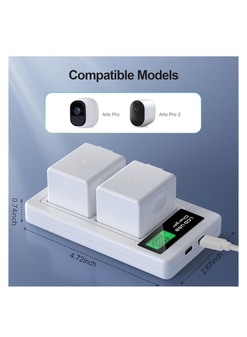 2Pcs Batteries with LCD Dual Charger, Replacement Battery, for Use with Arlo Pro, Arlo Pro 2 Cameras, Includes USB-C Cable, Overheat Protection, Rechargeable Camera Battery with Charger Station