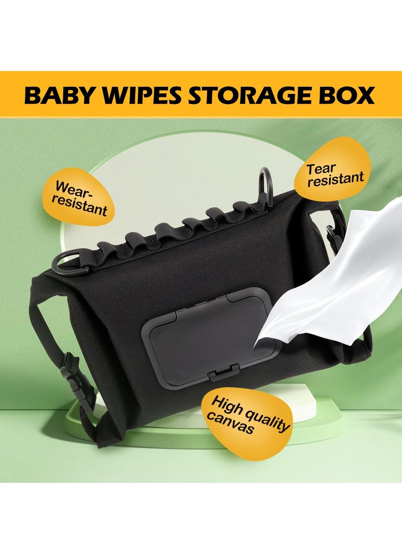 Baby Wipe Dispenser, Portable Wipes Container for Travel, Waterproof Canvas Wipes Dispenser, Wet Wipes Pouches Dispenser, with Press Lid and Zip Refillable Hanging Wipe Holder, Keeps Wipe Fresh, Black