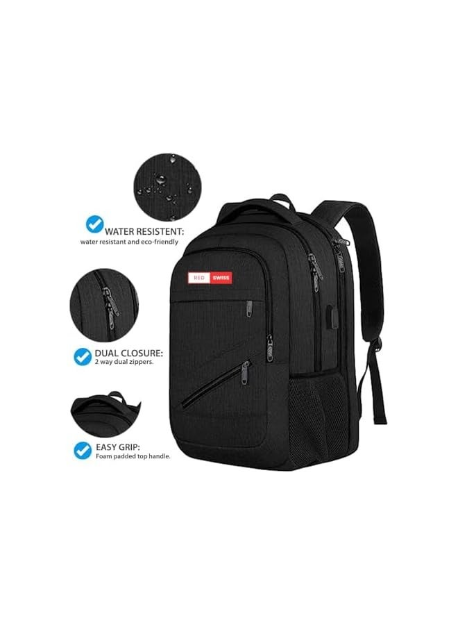 Trendy Waterproof Business Laptop Backpack Travel Bag with USB Charging Port, Anti-Theft School Bags for Teenagers, College Computer Bag with Large Capacity for 17-Inch Laptop Backpack, Black