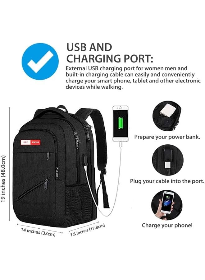 Trendy Waterproof Business Laptop Backpack Travel Bag with USB Charging Port, Anti-Theft School Bags for Teenagers, College Computer Bag with Large Capacity for 17-Inch Laptop Backpack, Black