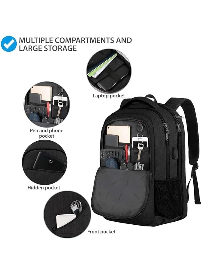 Trendy Waterproof Business Laptop Backpack Travel Bag with USB Charging Port, Anti-Theft School Bags for Teenagers, College Computer Bag with Large Capacity for 17-Inch Laptop Backpack, Black