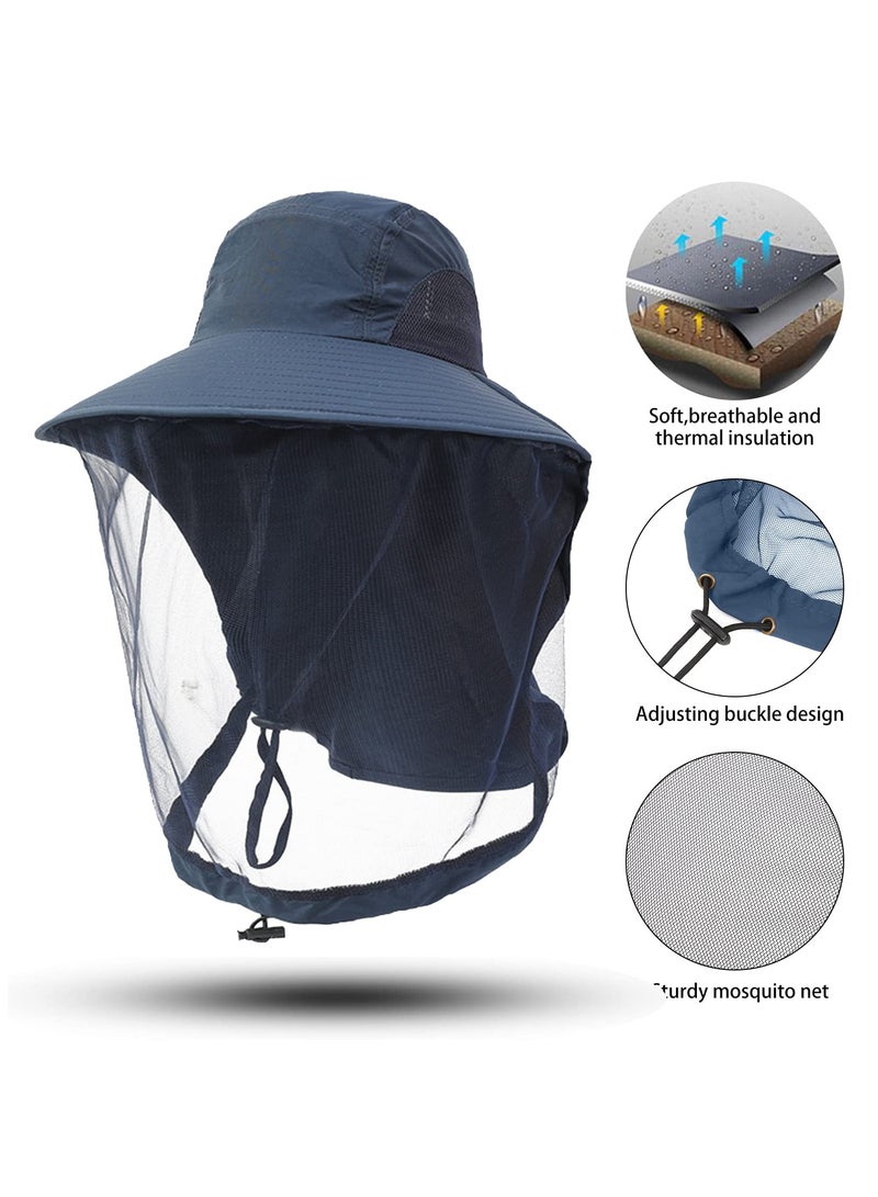 Mosquito Net Hat for Outdoor Activities, Sun Protection Fishing Hat with Mesh Netting, UPF 50+ for Hiking and Gardening, Unisex Design in Navy Blue