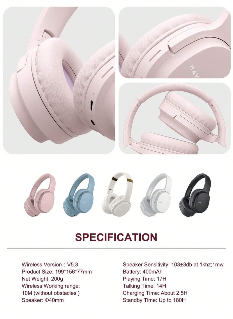 Wireless Bluetooth Headphones Over-Ear, Noise-Isolating Headset with Deep Bass, 40mm Drivers, Bluetooth 5.3, SD Card Slot & FM Radio, AUX Input, Foldable Design, Adjustable Headband, Built-in Mic, 17H Long Battery Life, Hands-Free Calls, Comfortable for Music, Gaming, Travel, Sports, Office Use, Compatible with Android & iOS Devices (Pink)