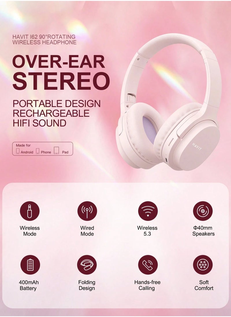 Wireless Bluetooth Headphones Over-Ear, Noise-Isolating Headset with Deep Bass, 40mm Drivers, Bluetooth 5.3, SD Card Slot & FM Radio, AUX Input, Foldable Design, Adjustable Headband, Built-in Mic, 17H Long Battery Life, Hands-Free Calls, Comfortable for Music, Gaming, Travel, Sports, Office Use, Compatible with Android & iOS Devices (Pink)