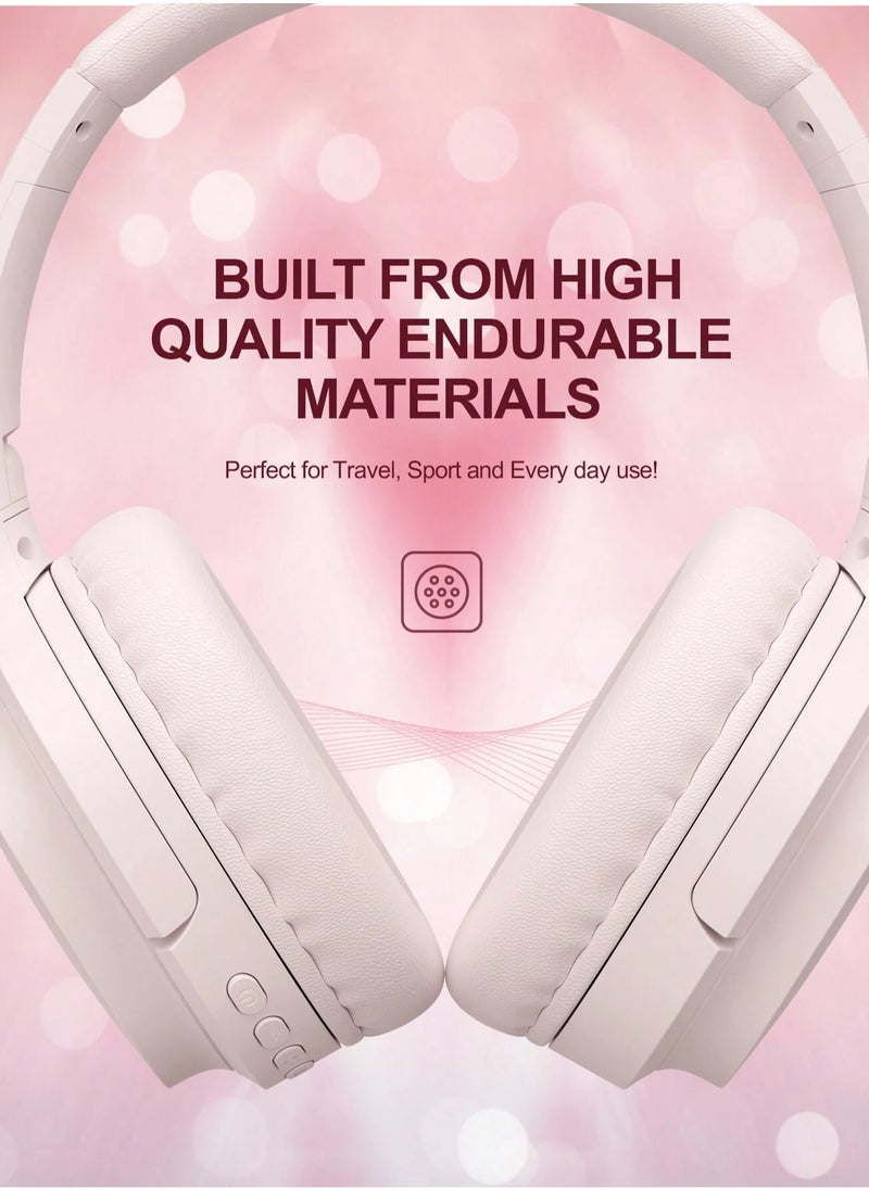 Wireless Bluetooth Headphones Over-Ear, Noise-Isolating Headset with Deep Bass, 40mm Drivers, Bluetooth 5.3, SD Card Slot & FM Radio, AUX Input, Foldable Design, Adjustable Headband, Built-in Mic, 17H Long Battery Life, Hands-Free Calls, Comfortable for Music, Gaming, Travel, Sports, Office Use, Compatible with Android & iOS Devices (Pink)