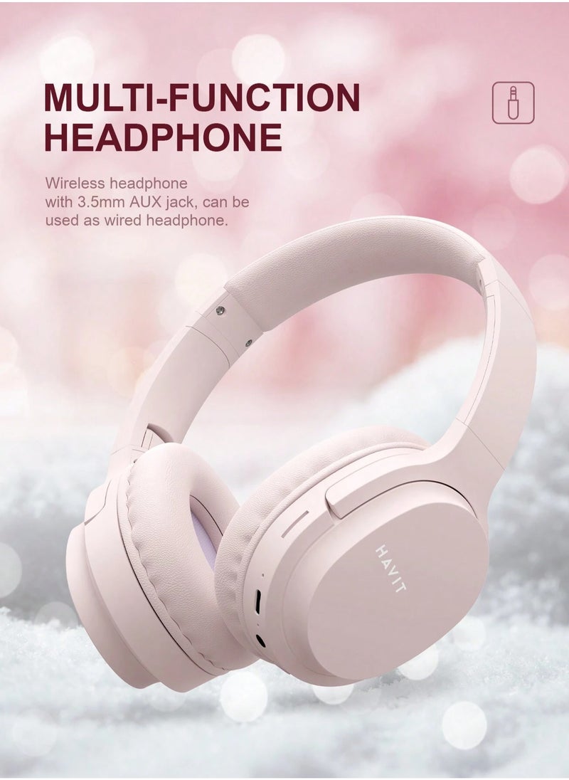 Wireless Bluetooth Headphones Over-Ear, Noise-Isolating Headset with Deep Bass, 40mm Drivers, Bluetooth 5.3, SD Card Slot & FM Radio, AUX Input, Foldable Design, Adjustable Headband, Built-in Mic, 17H Long Battery Life, Hands-Free Calls, Comfortable for Music, Gaming, Travel, Sports, Office Use, Compatible with Android & iOS Devices (Pink)