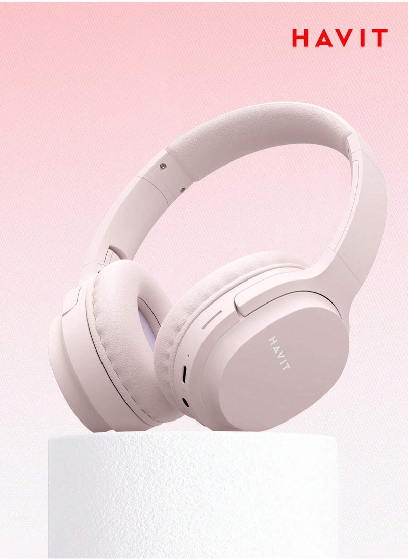 Wireless Bluetooth Headphones Over-Ear, Noise-Isolating Headset with Deep Bass, 40mm Drivers, Bluetooth 5.3, SD Card Slot & FM Radio, AUX Input, Foldable Design, Adjustable Headband, Built-in Mic, 17H Long Battery Life, Hands-Free Calls, Comfortable for Music, Gaming, Travel, Sports, Office Use, Compatible with Android & iOS Devices (Pink)