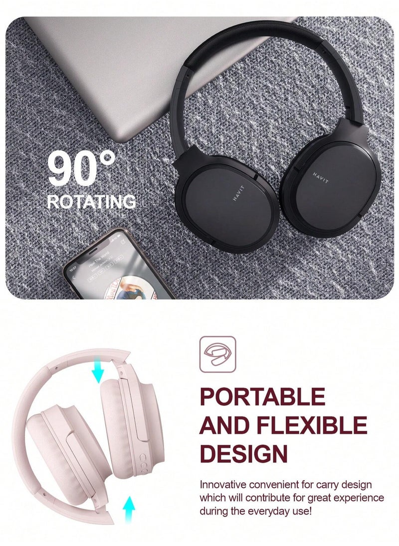 Wireless Bluetooth Headphones Over-Ear, Noise-Isolating Headset with Deep Bass, 40mm Drivers, Bluetooth 5.3, SD Card Slot & FM Radio, AUX Input, Foldable Design, Adjustable Headband, Built-in Mic, 17H Long Battery Life, Hands-Free Calls, Comfortable for Music, Gaming, Travel, Sports, Office Use, Compatible with Android & iOS Devices (Pink)