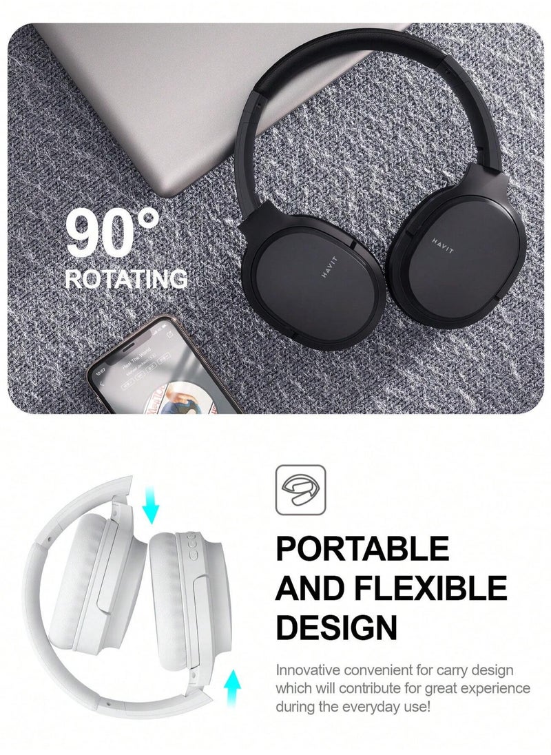 Wireless Bluetooth Headphones Over-Ear, Noise-Isolating Headset with Deep Bass, 40mm Drivers, Bluetooth 5.3, SD Card Slot & FM Radio, AUX Input, Foldable Design, Adjustable Headband, Built-in Mic, 17H Long Battery Life, Hands-Free Calls, Comfortable for Music, Gaming, Travel, Sports, Office Use, Compatible with Android & iOS Devices (White)
