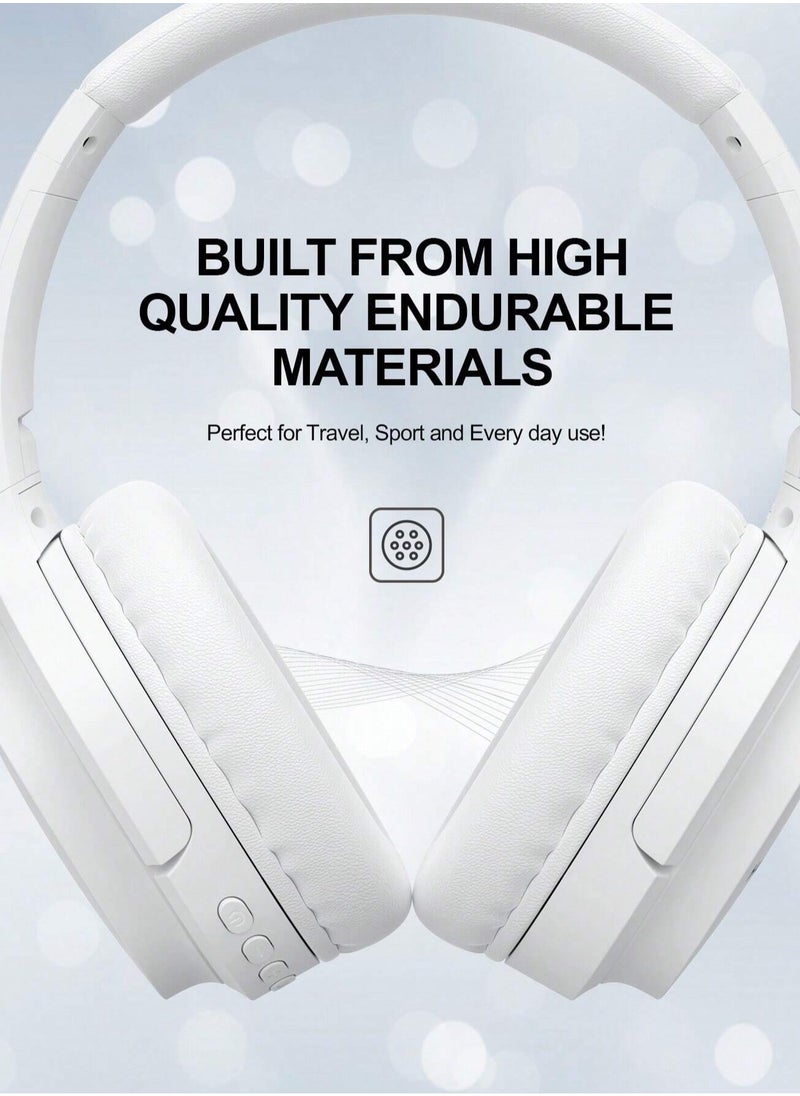 Wireless Bluetooth Headphones Over-Ear, Noise-Isolating Headset with Deep Bass, 40mm Drivers, Bluetooth 5.3, SD Card Slot & FM Radio, AUX Input, Foldable Design, Adjustable Headband, Built-in Mic, 17H Long Battery Life, Hands-Free Calls, Comfortable for Music, Gaming, Travel, Sports, Office Use, Compatible with Android & iOS Devices (White)
