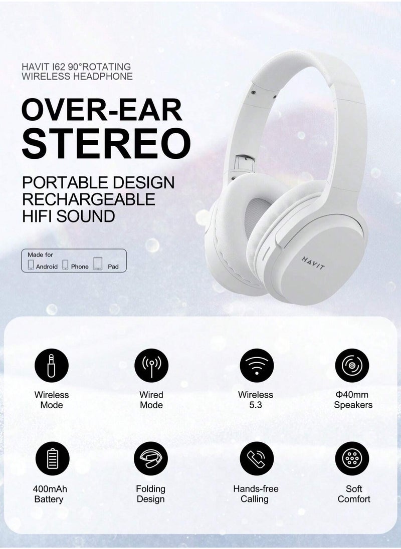 Wireless Bluetooth Headphones Over-Ear, Noise-Isolating Headset with Deep Bass, 40mm Drivers, Bluetooth 5.3, SD Card Slot & FM Radio, AUX Input, Foldable Design, Adjustable Headband, Built-in Mic, 17H Long Battery Life, Hands-Free Calls, Comfortable for Music, Gaming, Travel, Sports, Office Use, Compatible with Android & iOS Devices (White)