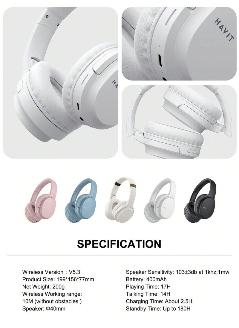 Wireless Bluetooth Headphones Over-Ear, Noise-Isolating Headset with Deep Bass, 40mm Drivers, Bluetooth 5.3, SD Card Slot & FM Radio, AUX Input, Foldable Design, Adjustable Headband, Built-in Mic, 17H Long Battery Life, Hands-Free Calls, Comfortable for Music, Gaming, Travel, Sports, Office Use, Compatible with Android & iOS Devices (White)