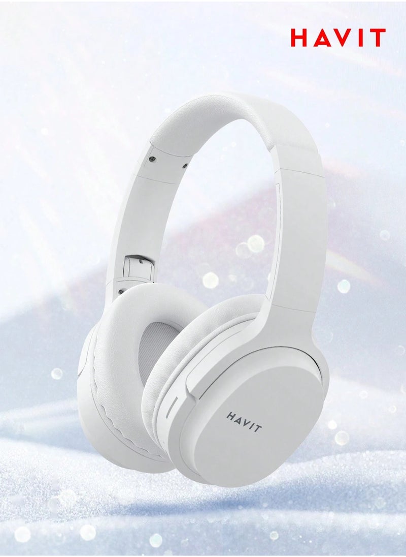 Wireless Bluetooth Headphones Over-Ear, Noise-Isolating Headset with Deep Bass, 40mm Drivers, Bluetooth 5.3, SD Card Slot & FM Radio, AUX Input, Foldable Design, Adjustable Headband, Built-in Mic, 17H Long Battery Life, Hands-Free Calls, Comfortable for Music, Gaming, Travel, Sports, Office Use, Compatible with Android & iOS Devices (White)