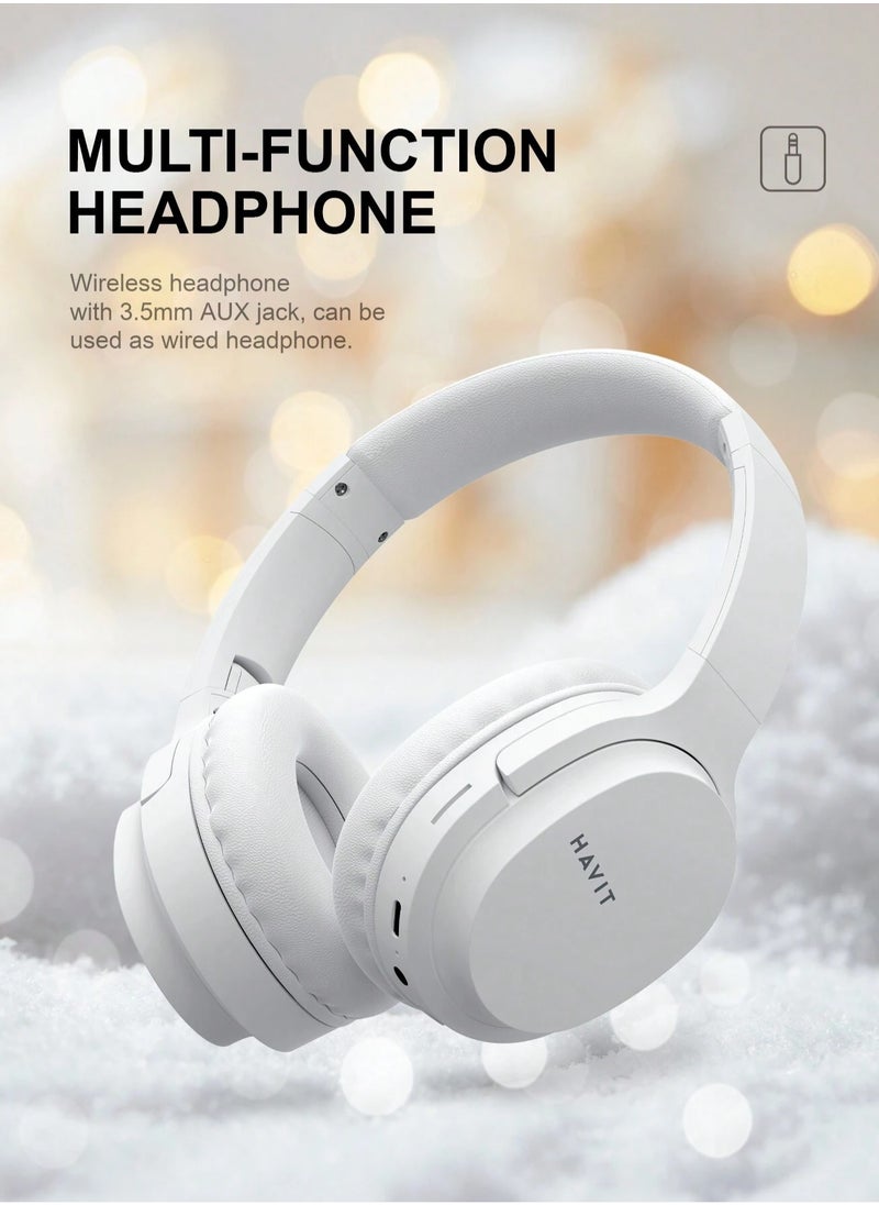 Wireless Bluetooth Headphones Over-Ear, Noise-Isolating Headset with Deep Bass, 40mm Drivers, Bluetooth 5.3, SD Card Slot & FM Radio, AUX Input, Foldable Design, Adjustable Headband, Built-in Mic, 17H Long Battery Life, Hands-Free Calls, Comfortable for Music, Gaming, Travel, Sports, Office Use, Compatible with Android & iOS Devices (White)