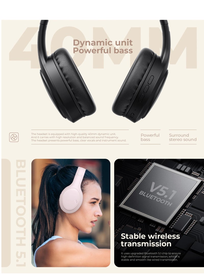 Over-Ear Wireless Headset, Bluetooth Headphone, 40mm Dynamic Drivers for Powerful Bass, Stereo Sound Quality, Foldable Design, 22-Hours Battery Life, and Aux Wired Option for Versatile Listening and Extended Audio Experience- Pink