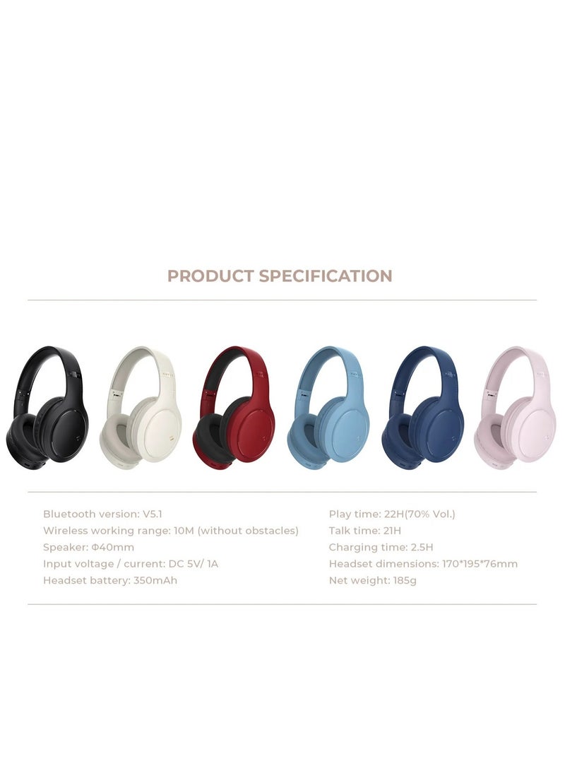 Over-Ear Wireless Headset, Bluetooth Headphone, 40mm Dynamic Drivers for Powerful Bass, Stereo Sound Quality, Foldable Design, 22-Hours Battery Life, and Aux Wired Option for Versatile Listening and Extended Audio Experience- Pink