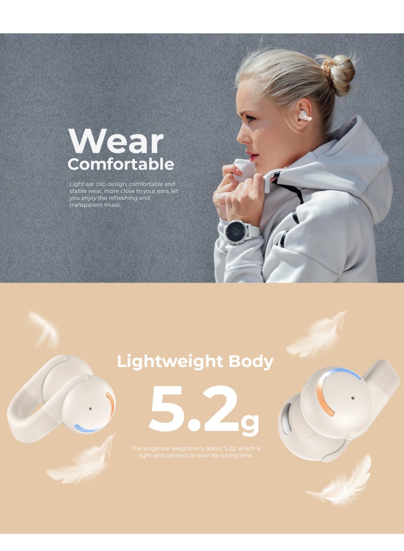 Open Ear Wireless Clip Earbuds Bluetooth 5.3 Earpods for Android & iPhone – Sports Headphones with 3D Stereo Sound, Comfortable On-Ear Design, Perfect for Running, Cycling, Driving, Gym Workouts & Outdoor Activities – Sweatproof & Secure Fit (White/Grey)